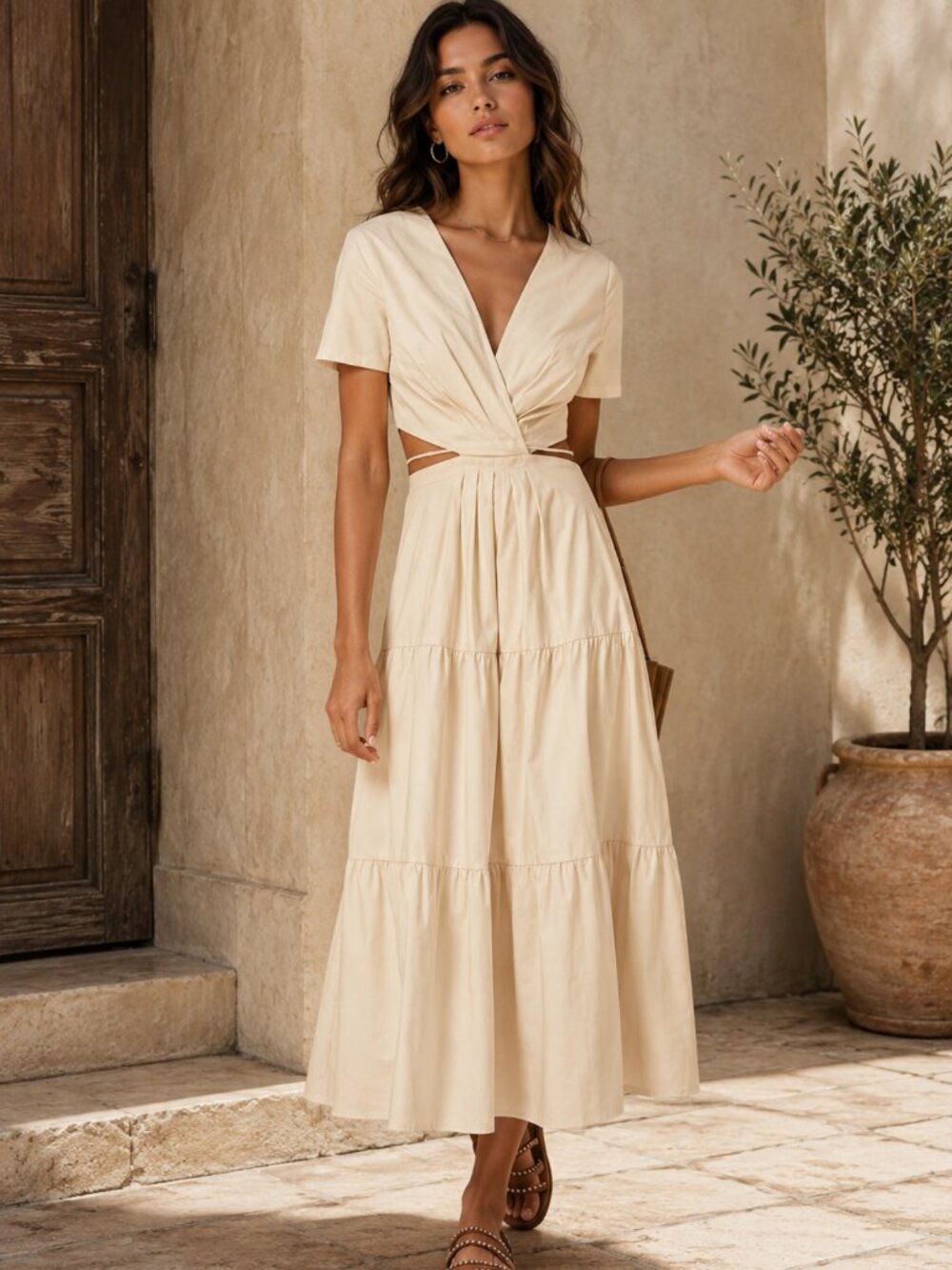 Moon River V Neck Cutout Tiered Maxi Dress Size Large